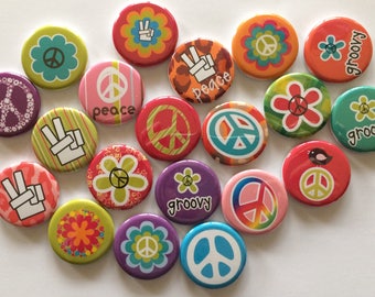 Lot of  20  1" or 1.25" peace sign buttons pinback flatback hollowback or magnet you choose