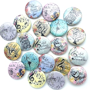 music pin buttons set of TWENTY.  musician award or gift great party favor various size and back types