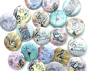 music pin buttons set of TWENTY.  musician award or gift great party favor various size and back types