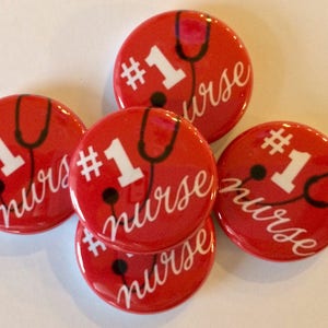Set of 20 I love nursing nurse week theme set of 20 buttons.  1" or 1.25" choose from pins, flat, hollow or magnets