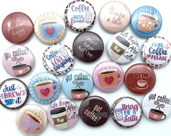 Coffee lover button set of 20.  Barista gift idea. Coffee shop goodie bag flair. Choose various sizes and backs.  Coffee drinker gift.