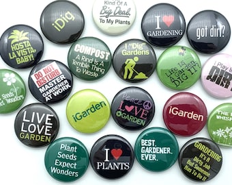 Gardening button set / lot of TWENTY / various sizes and backs / perfect gift for gardeners and plant enthusiasts.