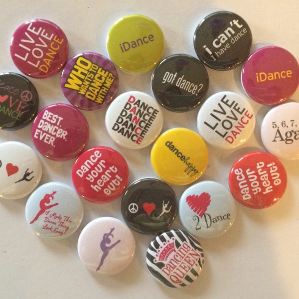 Dance themed set of 20 1" or 1.25 inch I love dance buttons pinback flatback or hollowback