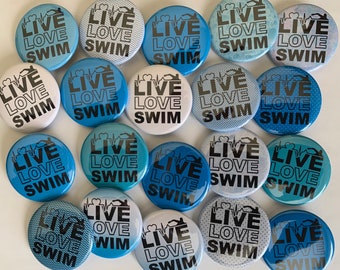 Équipe de natation sur le thème du nageur (lot de 20) 1" ou 1,25 pouces boutons épingle à dos plat, dos creux ou aimants excellent cadeau