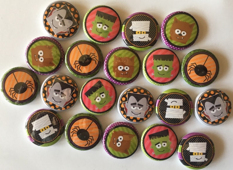 Halloween party favor buttons set or 20 1 inch 1.25 inch or 1.5 inch pin flat hollow or magnet back