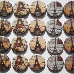 france and eiffel tower themed set of 20 1&quot; or 1.25&quot; buttons. chose from pin, flat, hollow or magnet back