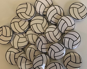 Volleyball themed set of 20 1", 1.25" or 1.5" inch volleyball buttons pin flat back, hollowback or magnets