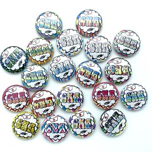 May include: A collection of 18 colorful round buttons with the text "CNA" in a variety of colorful and patterned designs. The buttons are all the same size and have a white background.