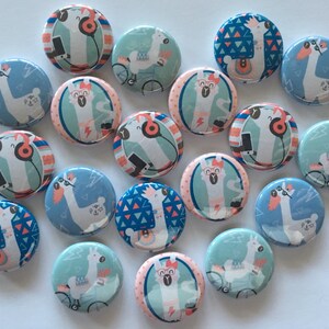 llama party favor set of 20 buttons.  choose 1&quot; 1.25&quot;,1.5&quot; or 2.25&quot; pin, flat, hollow or magnet back