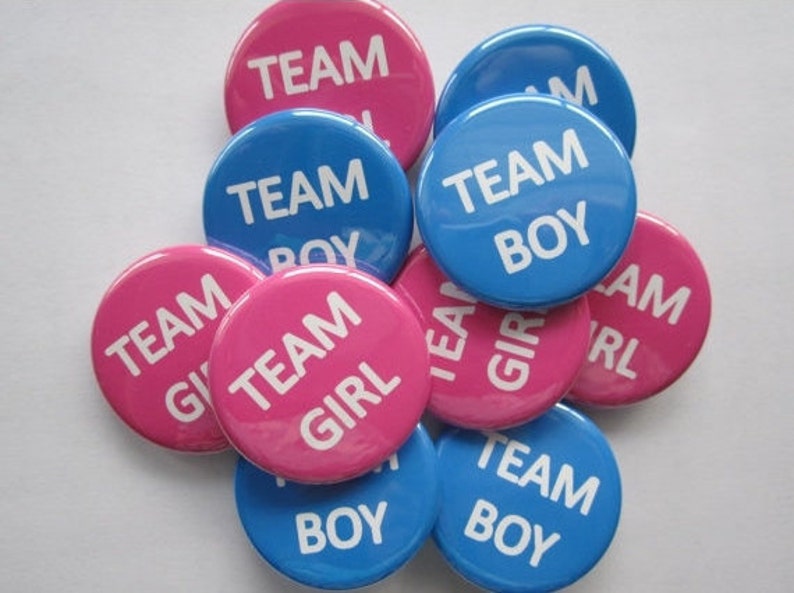 team girl team boy gender reveal pins set of 20 you choose size 1.25 1.5 or 2.25