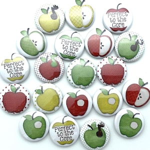 Cute Apple buttons / lot of TWENTY / various sizes and backs / great badge reel supply or teacher gift