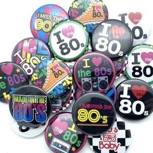 I love the 80&#39;s buttons / TWENTY pack / various sizes and backs / great retro party favor