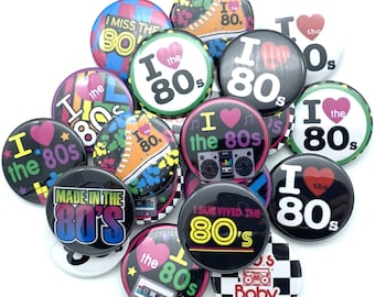 I love the 80's buttons / TWENTY pack / various sizes and backs / great retro party favor