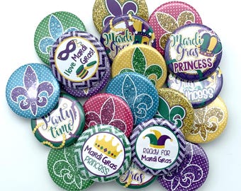 TWENTY Mardi Gras buttons / parade and party handout idea / various sizes and backs / great party favor / Fat Tuesday / coworker gift