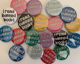 I read banned books pins (20 pack) 1" 1.25" or 1.5" choose pin, flat, hollow or magnet back