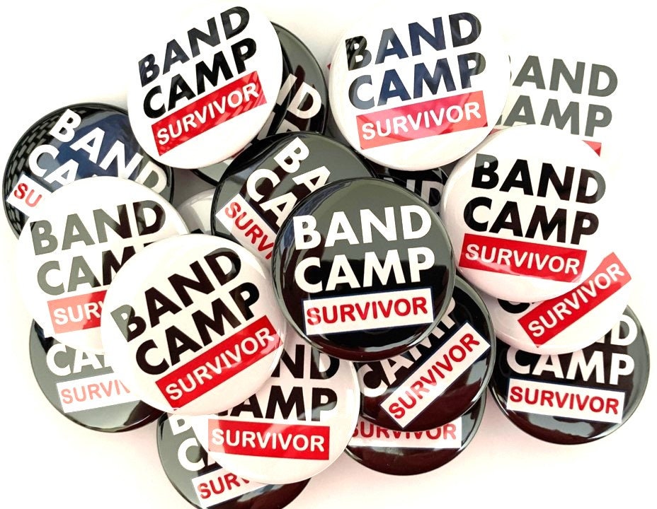 Band camp survivor set 20 buttons.  choose 1" 1.25" or 1.5" pin, flat, hollow or magnet back