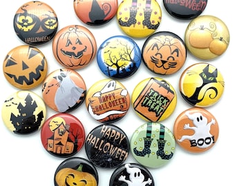 Spooky Halloween buttons / pack of TWENTY / various backs and sizes / great trick or treat party favor