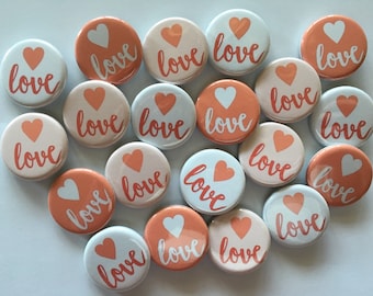 Heart and valentine gift button set of 20 1", 1.25" or 1.5" pin, flat, hollow or magnet back