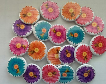 set of 20 flower buttons pin flat back, hollowback or magnets