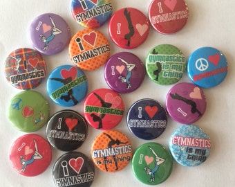 Gymnastics and gymnast themed set of 20 1" or 1.25 inch gymnastics buttons pin flat back, hollowback or magnets