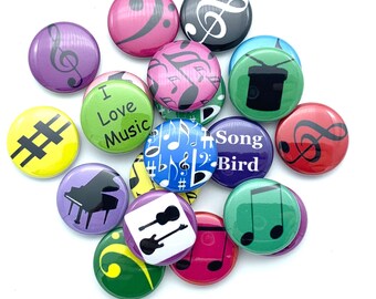 Music note buttons (set of 20)  piano or guitar student prize or gift idea choose  from 1&quot;, 1.25&quot;.1.5&quot; or 2.25&quot; pin, flat, hollow or magnet