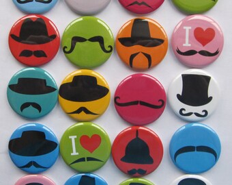 mustache themed set of 20 1", 1.25" or 1.5" inch mustache buttons pin flat back, hollowback or magnets