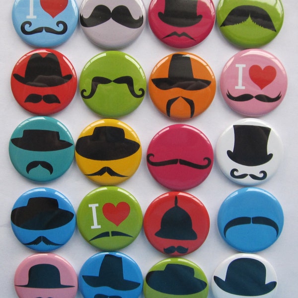 mustache themed set of 20 1", 1.25" or 1.5" inch mustache buttons pin flat back, hollowback or magnets