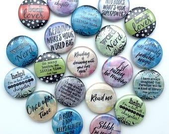bookworm reading themed pins book club (20 pack) / various sizes and backs