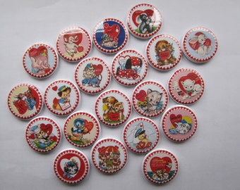 valentine vintage animal designs buttons set of 20.  You can choose 1", 1.25", 1.5 or 2.25 pin, flat, hollow or magnets back