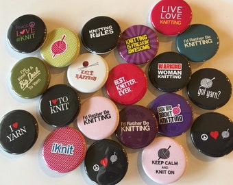 I love knitting (20 pack) 1" or 1.25 inch buttons pin flat back, hollowback or magnets great gift