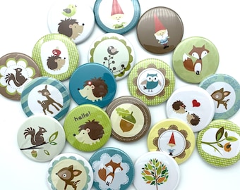cute woodland forest themed buttons / Lot of TWENTY / various sizes and backs / great birthday party favor