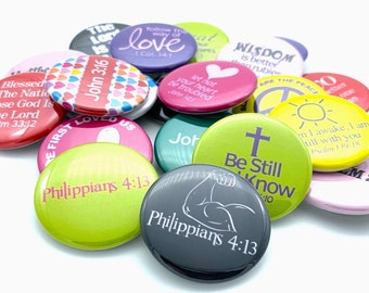 Bible scripture inspirational set of 20 buttons.  1" or 1.25" choose from pin, hollow, flat, or magnet back.
