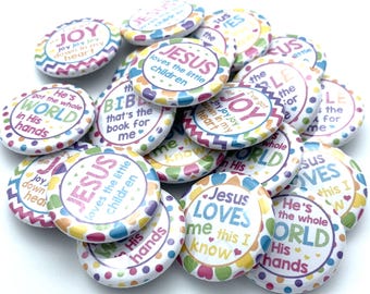 biblical children's songs set of 20 buttons. various backs and sizes / sunday school church prize / party favor