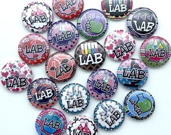 LAB set of 20 buttons.  Great gift for lab week 2025.  various backs and sizes.  badge reel supply for lab tech