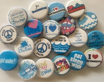 Swim team  swimmer themed (20 pack) 1" or 1.25 inch buttons pin flat back, hollowback or magnets great gift