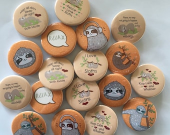 cute sloth party favor set of 20 buttons.  choose 1" 1.25" or 1.5" pin, flat, hollow or magnet back