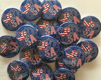 america patriotic set of 20 buttons.  choose 1", 1.25" 1.5" or 2.25" pin, flat, hollow or magnet