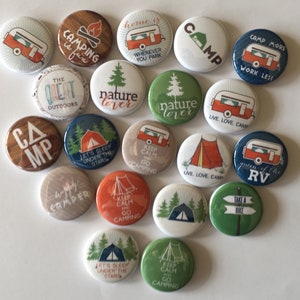 camping gift button set of 20  1" 1.25" or 1.5 inch pin, flat hollow or magnet back
