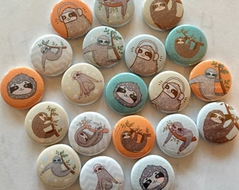 cute sloth party favor set of 20 buttons.  choose 1" 1.25" or 1.5" pin, flat, hollow or magnet back