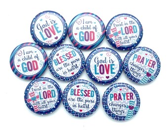 TEN inspirational bible buttons. various sizes and back types.  great party favor or gift.  church retreat prize