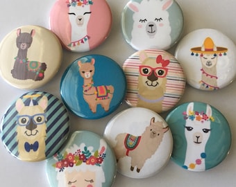 llama party favor (10 pack)  buttons. great for birthday party or baby shower  choose 1" 1.25" or 1.5" pin, flat, hollow or magnet back
