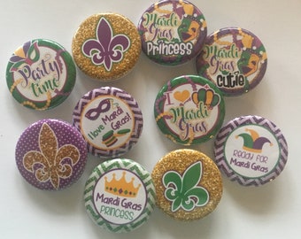 mardi gras  (10 pack)  buttons.  choose 1" 1.25" or 1.5" pin, flat, hollow or magnet back