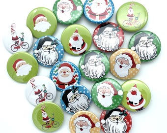 TWENTY Santa Claus Christmas button pins.  1", 1.25" 1.5" and 1.75"  Various sizes Great stocking stuffer secret Santa gift or party favor