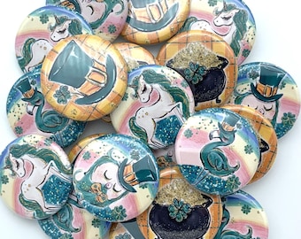 Whimsical Saint Patricks themed buttons/ TWENTY PACK / various sizes and backs / great party favor / Wear green/ coworker gift