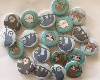 cute sloth party favor set of 20 buttons.  choose 1" 1.25" or 1.5" pin, flat, hollow or magnet back