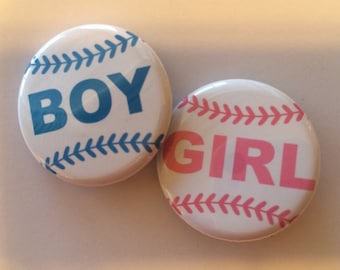set of 20 Baseball gender reveal pins choose 1.25 inch or 1.5 inch gender reveal party pins