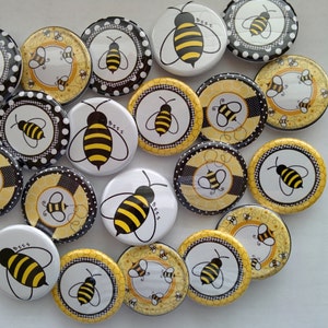 Bee themed set of 20 1 or 1.25 or 1.5 inch bumble bee buttons pin flat back, hollowback or magnets 1.5 inch only come in pin and flat image 1