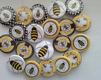 Bee themed set of 20 1" or 1.25  or 1.5" inch bumble bee buttons pin flat back, hollowback or magnets (1.5 inch only come in pin and flat)
