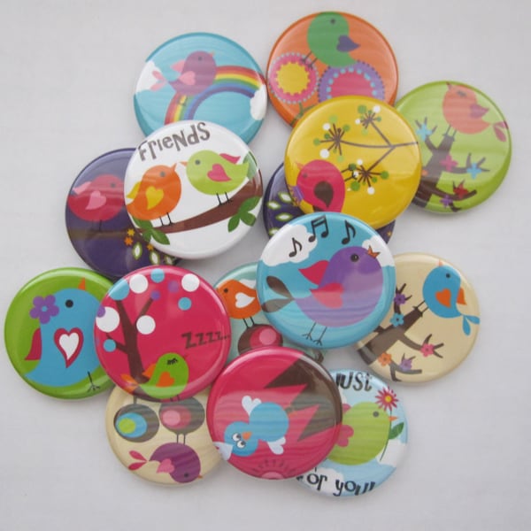 Lot of  15 1.25" cute bird flatback, pinback hollowback or magnets