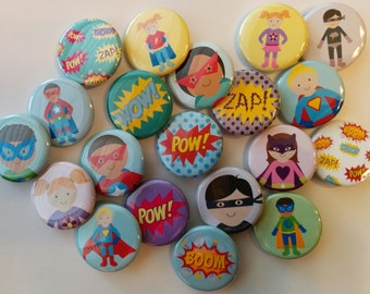 cute super hero set of 20 buttons pin flat back, hollowback or magnets